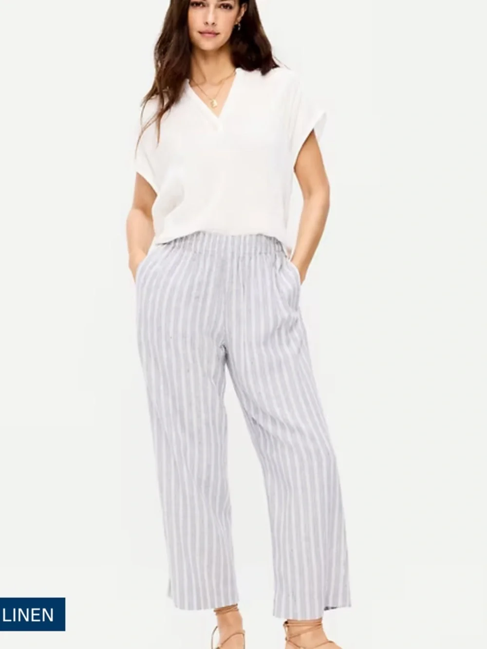 Old Navy High-Waisted Linen-Blend Straight Ankle Pants - Light Gray Stripe - Picture 1 of 5
